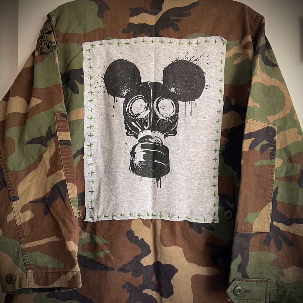 Camo gas mask graphic jacket